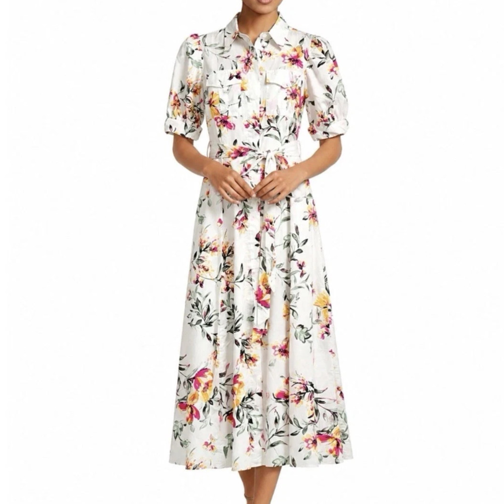 Calvin Klein Midi Shirt Dress sz 10 M Cotton Floral Garden Tie Belt Puff Sleeves